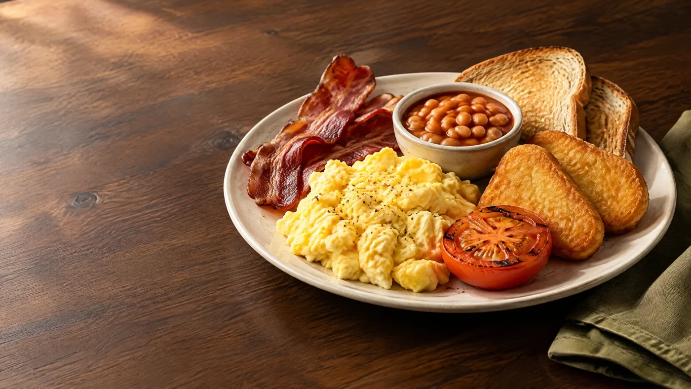 A breakfast plate with scrambled eggs, bacon, beans, hash browns and toast