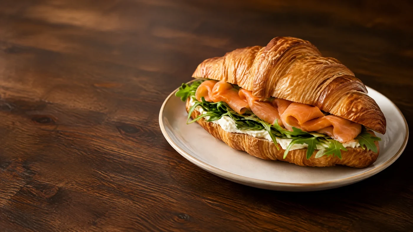 A filled croissant with salmon, cream cheese and salad